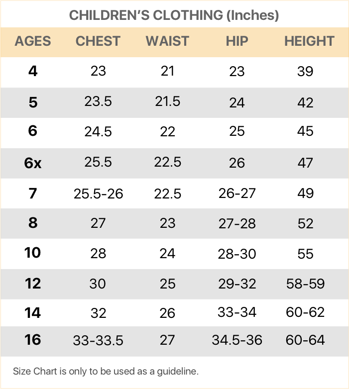 children's sizing chart